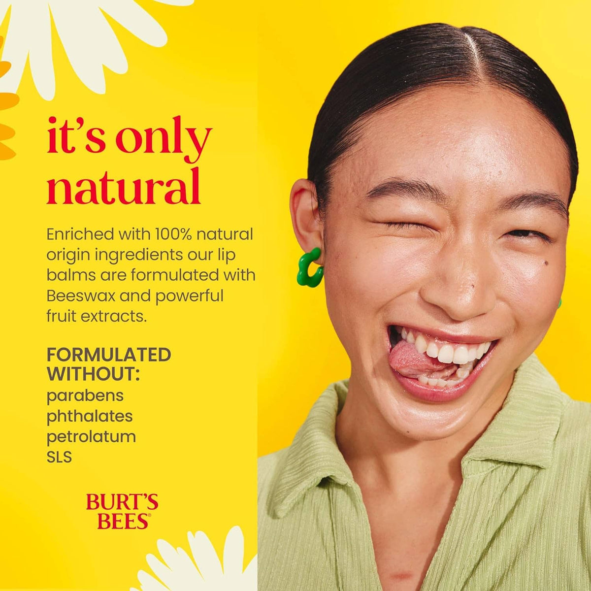 Burt's Bees vanilla lip moisturizer with woman smiling, naturally hydrated lips
