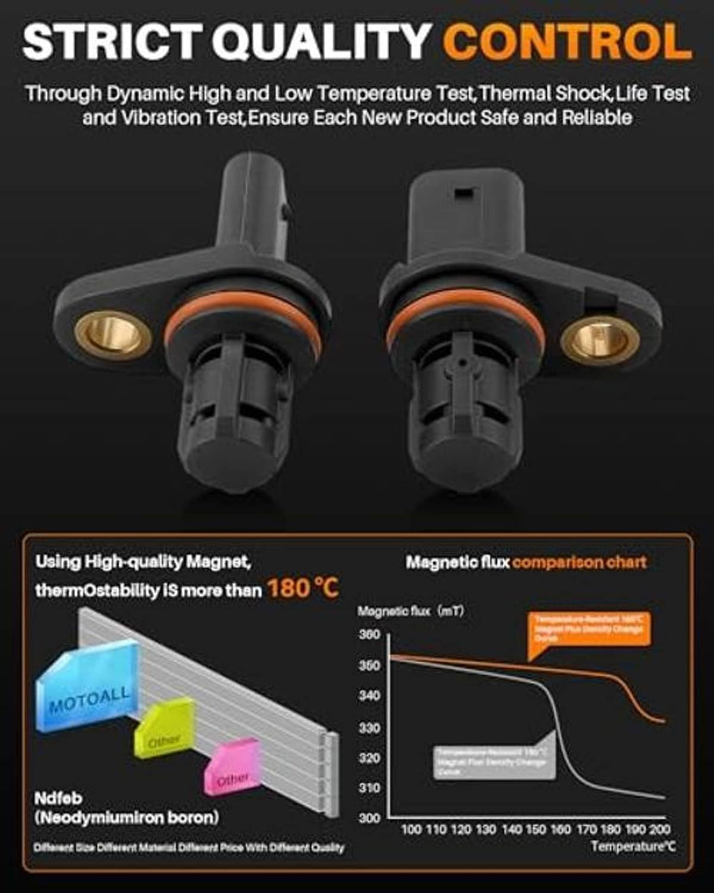 Camshaft crankshaft position sensors with black housings and orange sealing rings