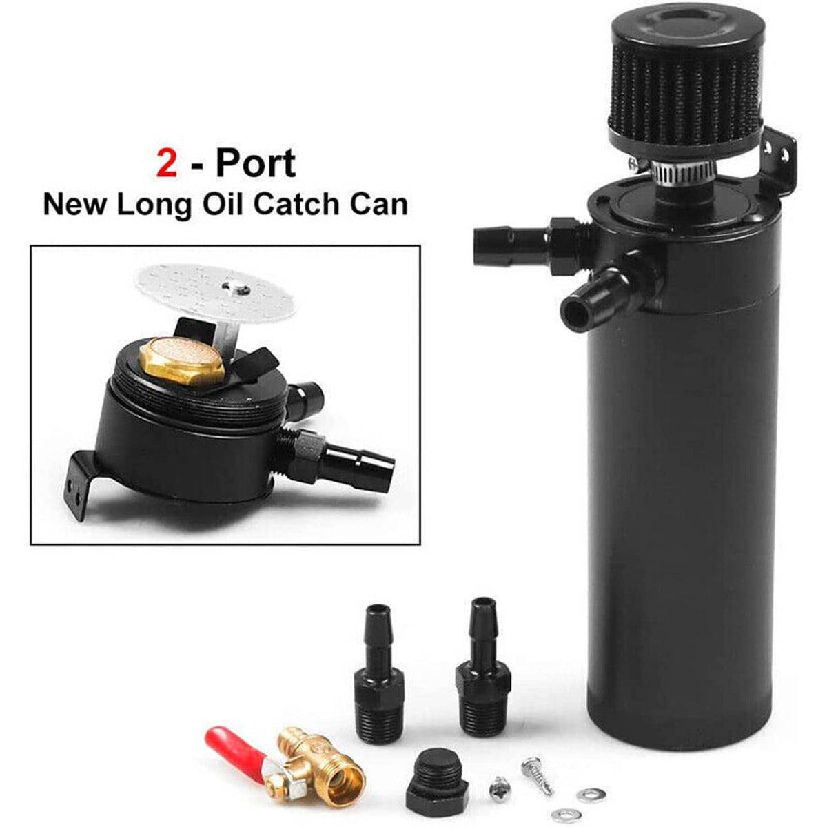Black 2-port oil catch can kit with mounting plate, fittings, and red drain valve