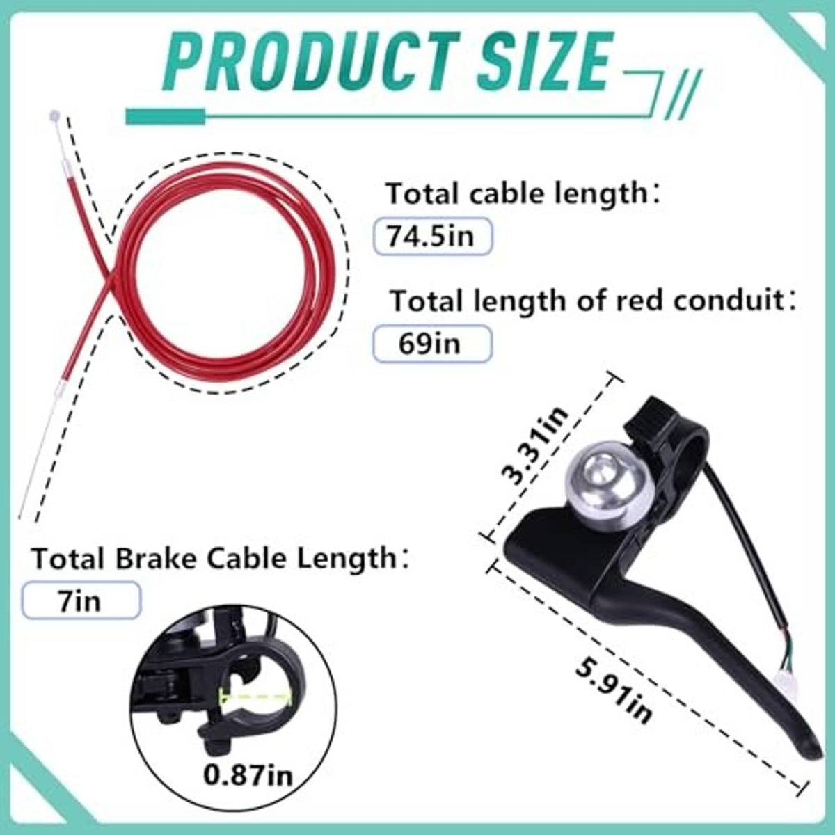Brake handle lever with red brake cable length layout diagram and measurements
