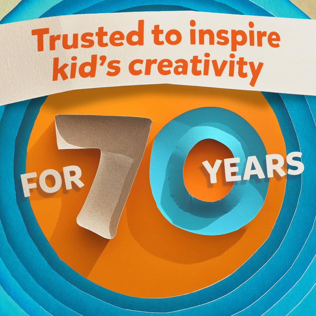 Colorful card showing '70 YEARS' and 'Trusted to inspire kid's creativity'
