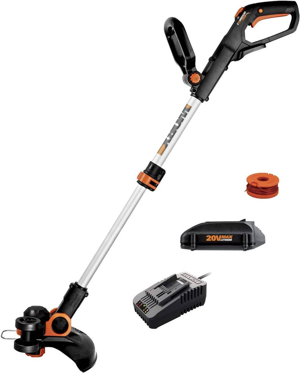 Cordless string trimmer package with main tool, orange string spool, battery, and charger
