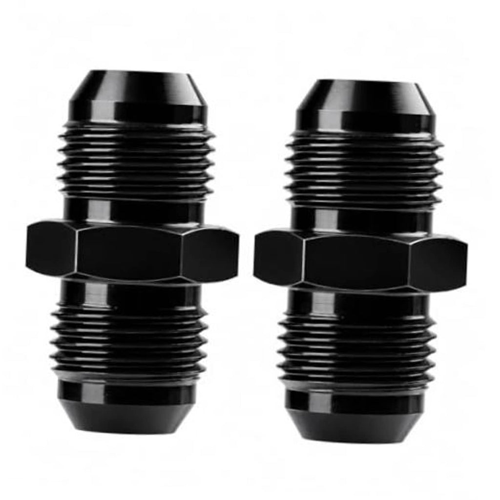 Black 10AN male flare straight fuel hose coupler union with hex body and threads (2-pack).
