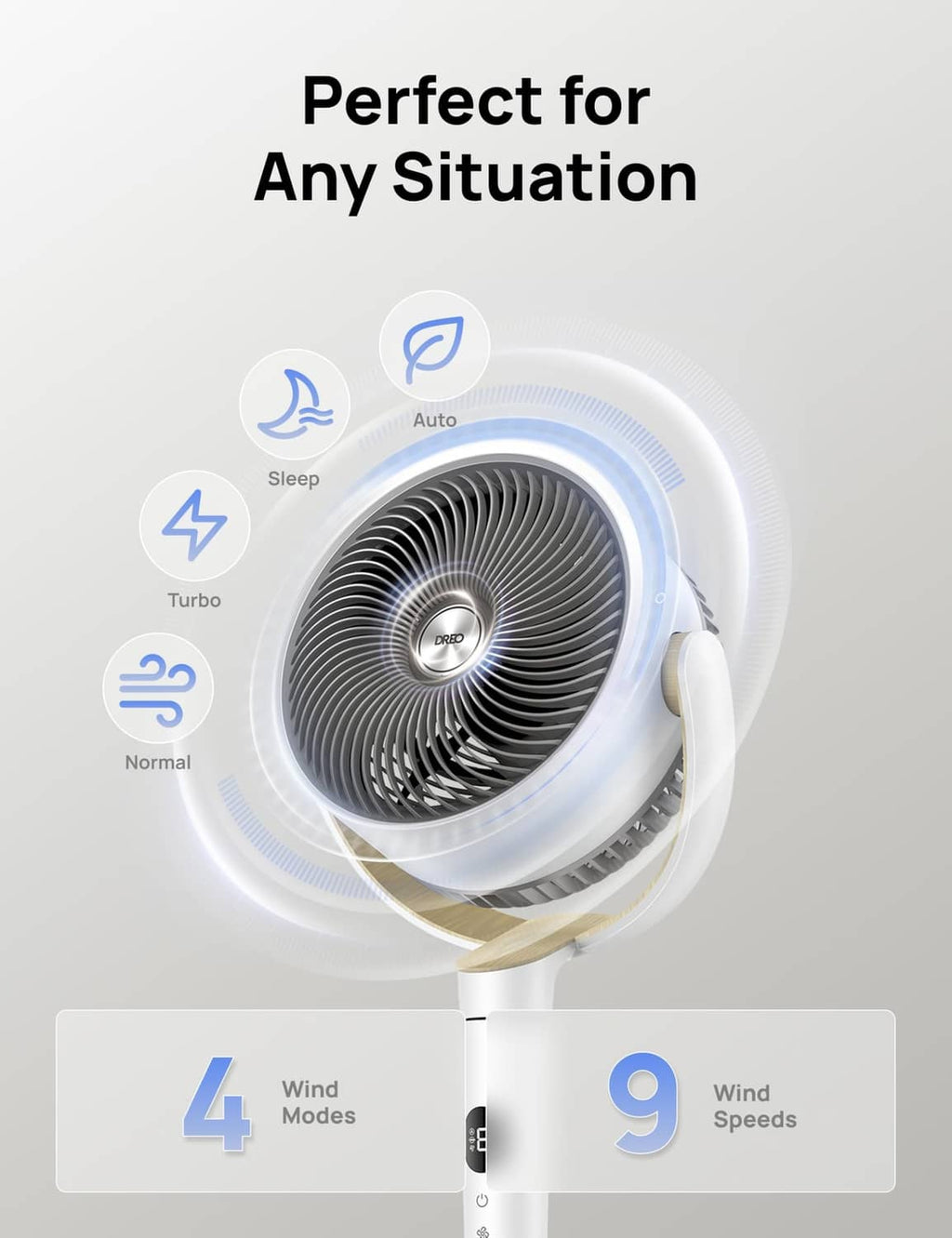White standing fan with close-up of the front grille and control buttons.