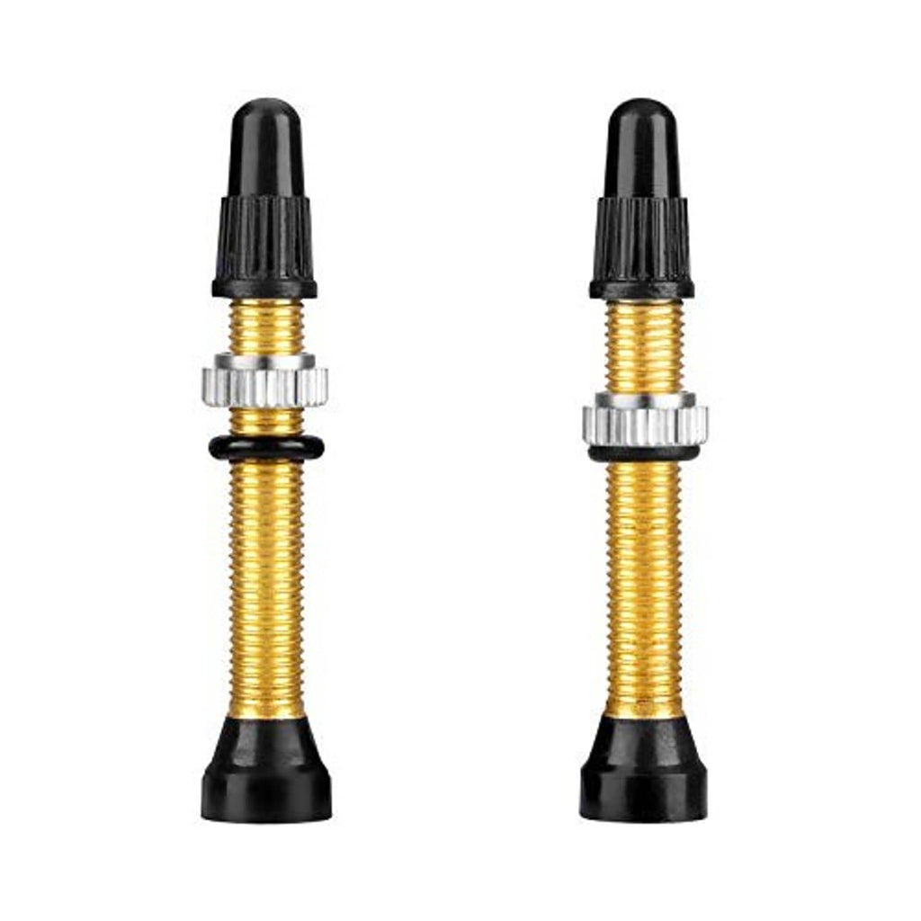 Gold brass tubeless valve stems with black caps and silver valve cores