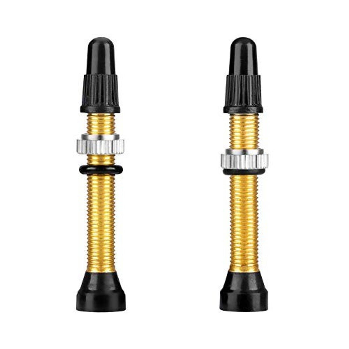 Gold brass tubeless valve stems with black caps and silver valve cores