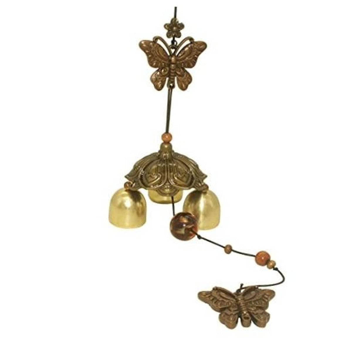 Small metal butterfly wind chime with four hanging bells and bronze tones