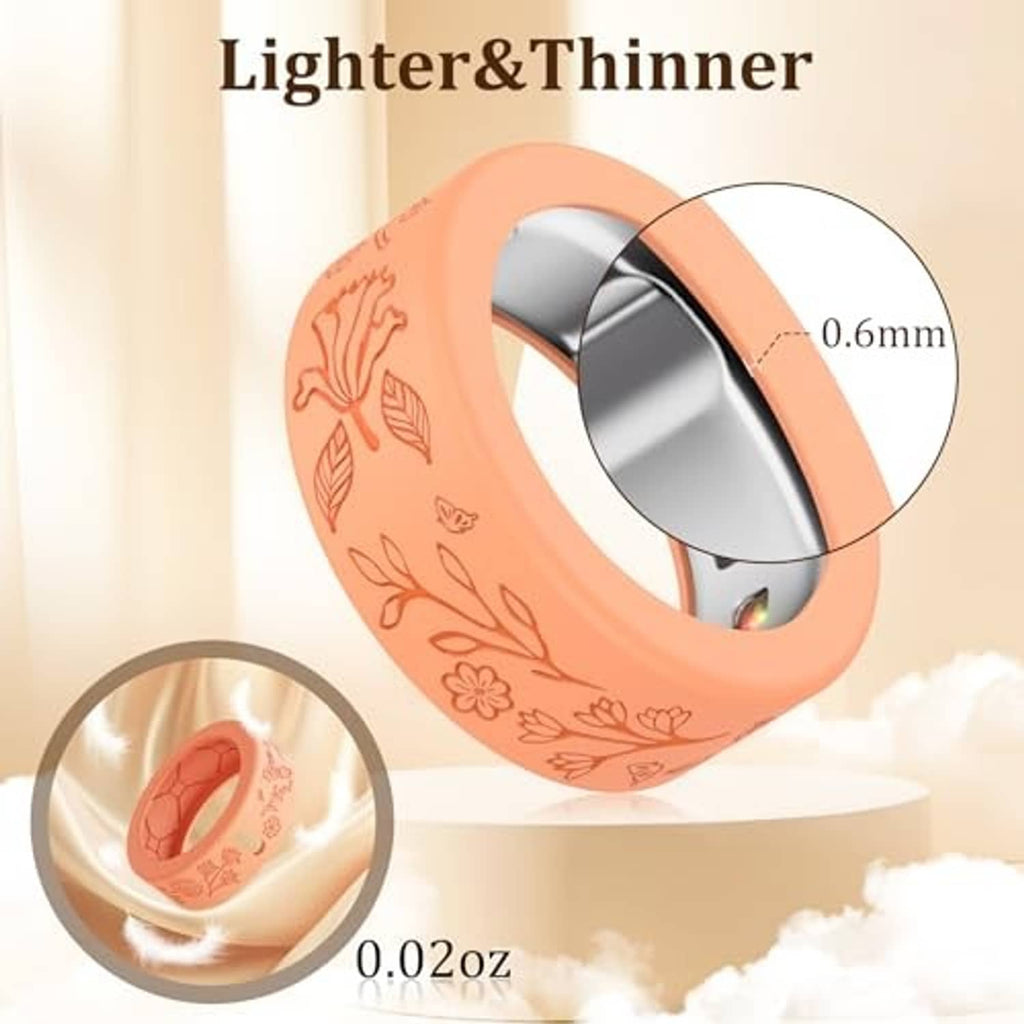 Peach floral smart ring cover with metal inner ring, close-up side view