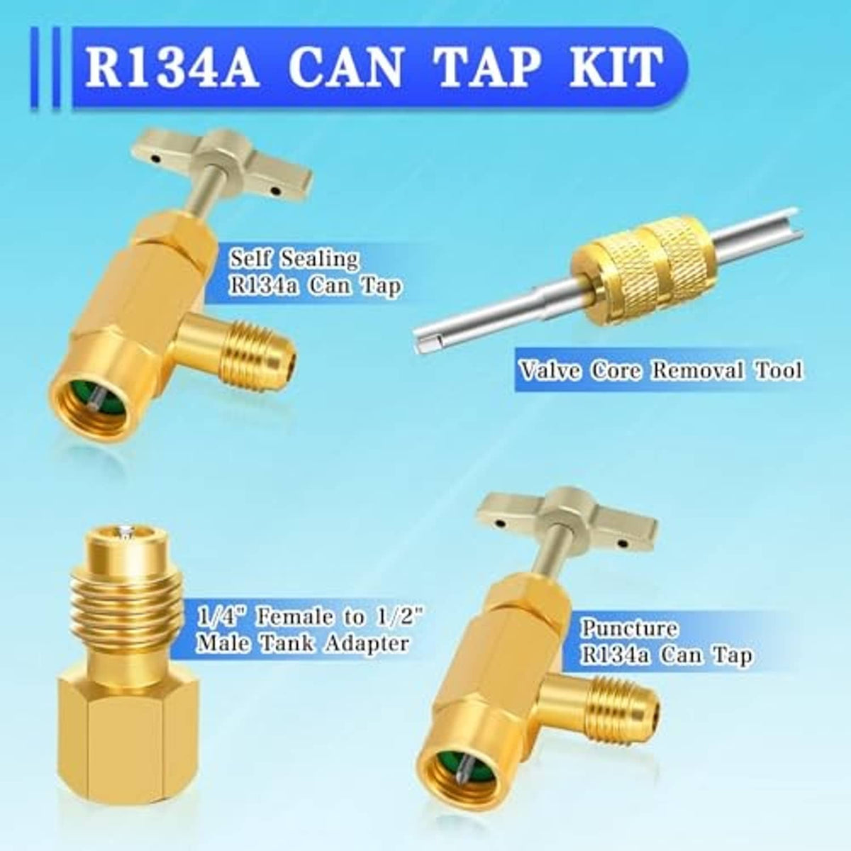 R134a can tap kit with self-sealing tap, puncture tap, tank adapter, and valve tool