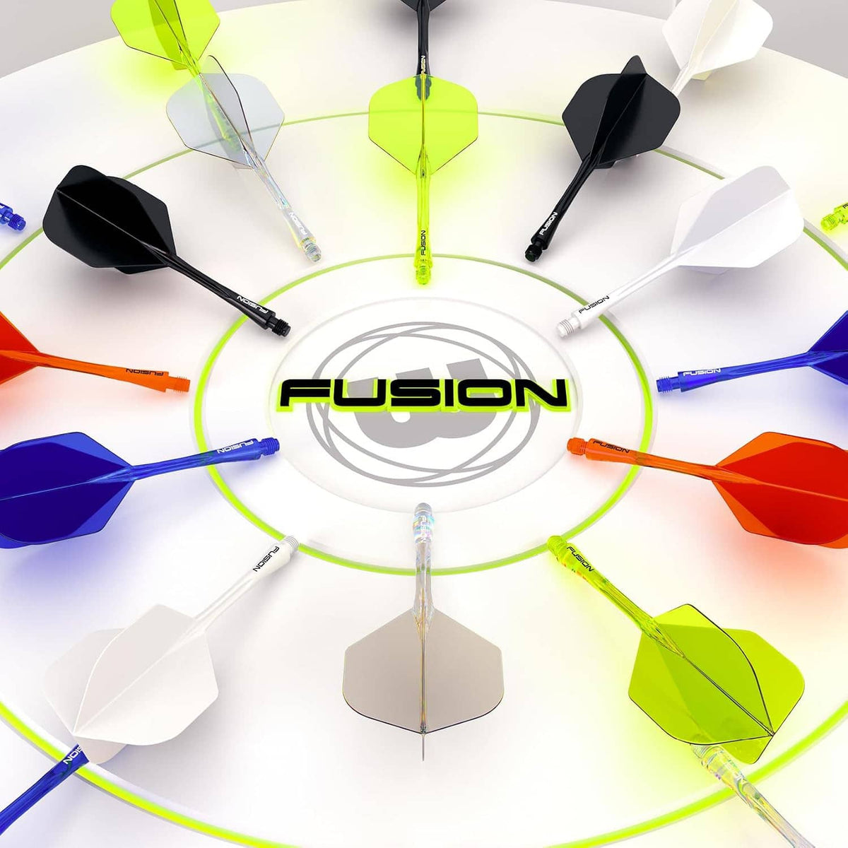 Darts arranged around a circular ring, with multiple flight colors and integrated shafts
