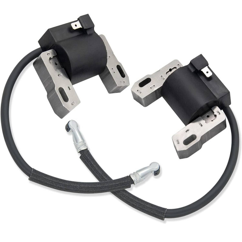Ignition coil set with two black coils, silver mounting plates, and wiring harness