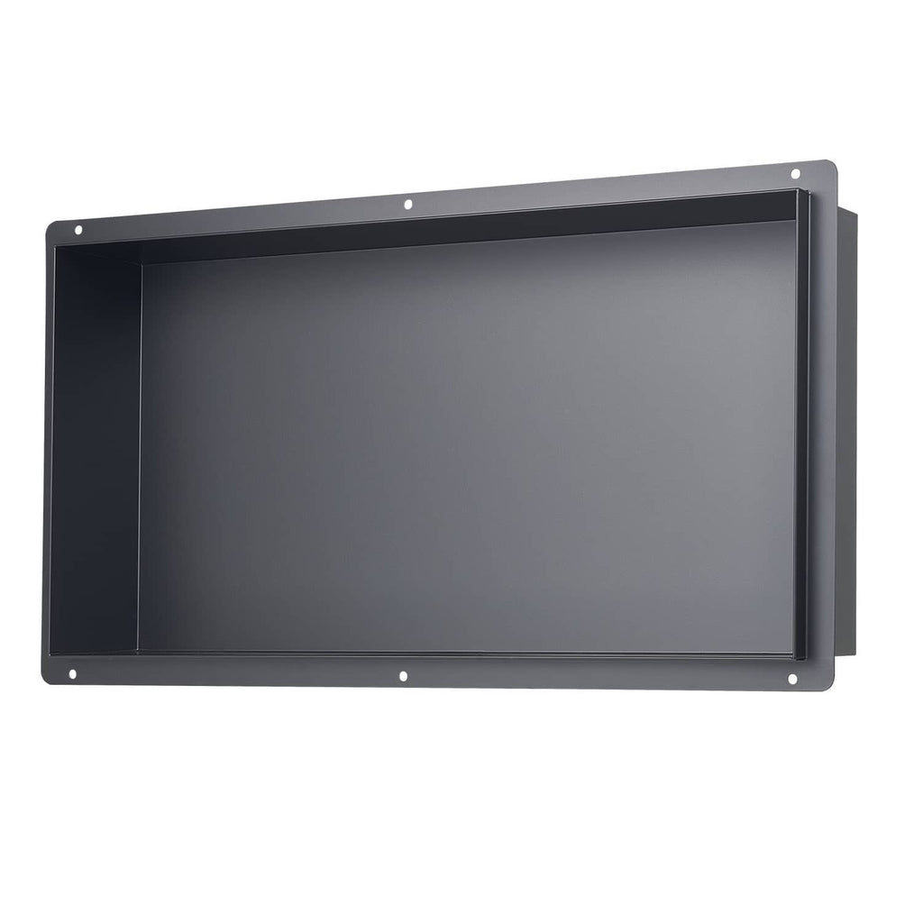 Black frameless recessed shower niche shelf, open tray front view