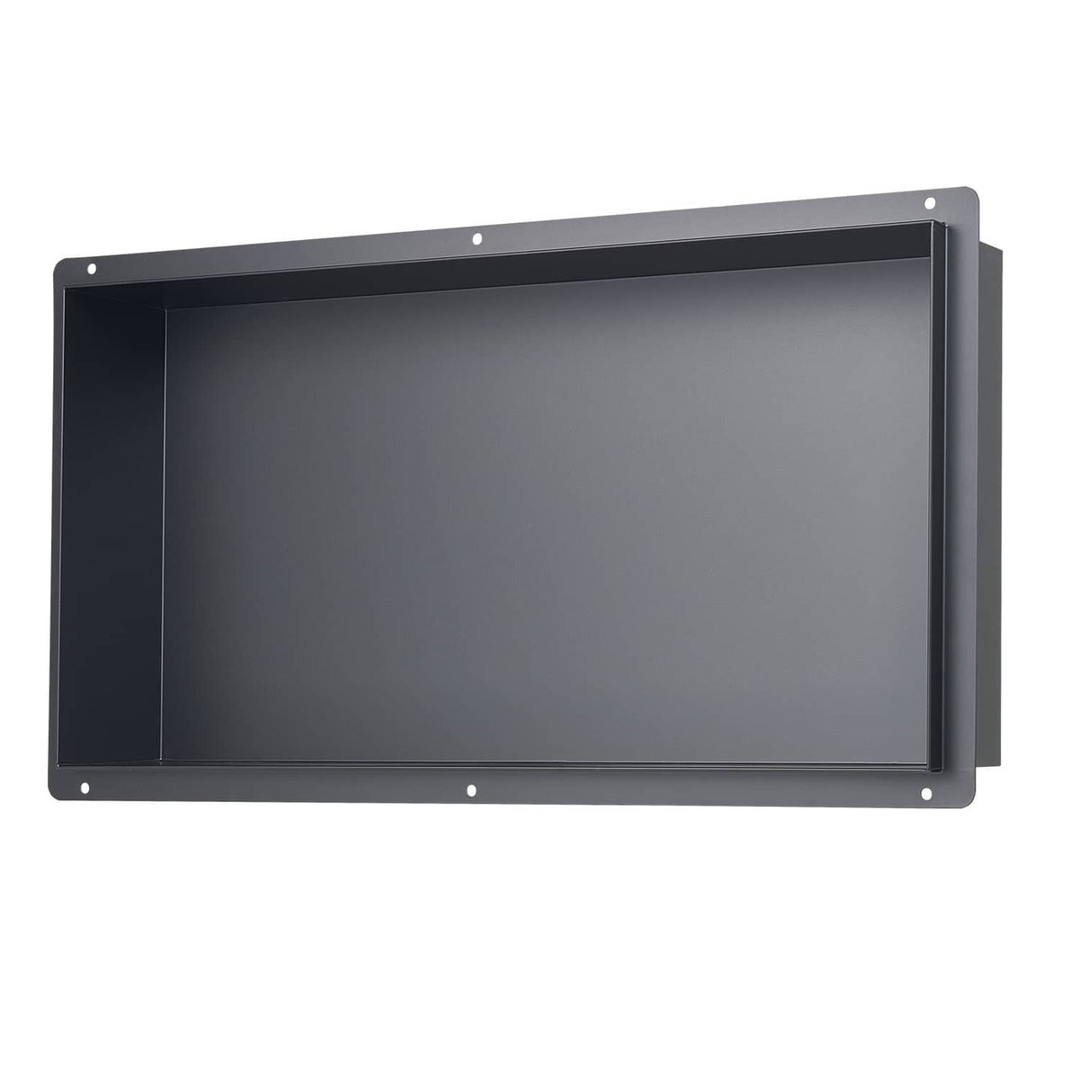 Black frameless recessed shower niche shelf, open tray front view