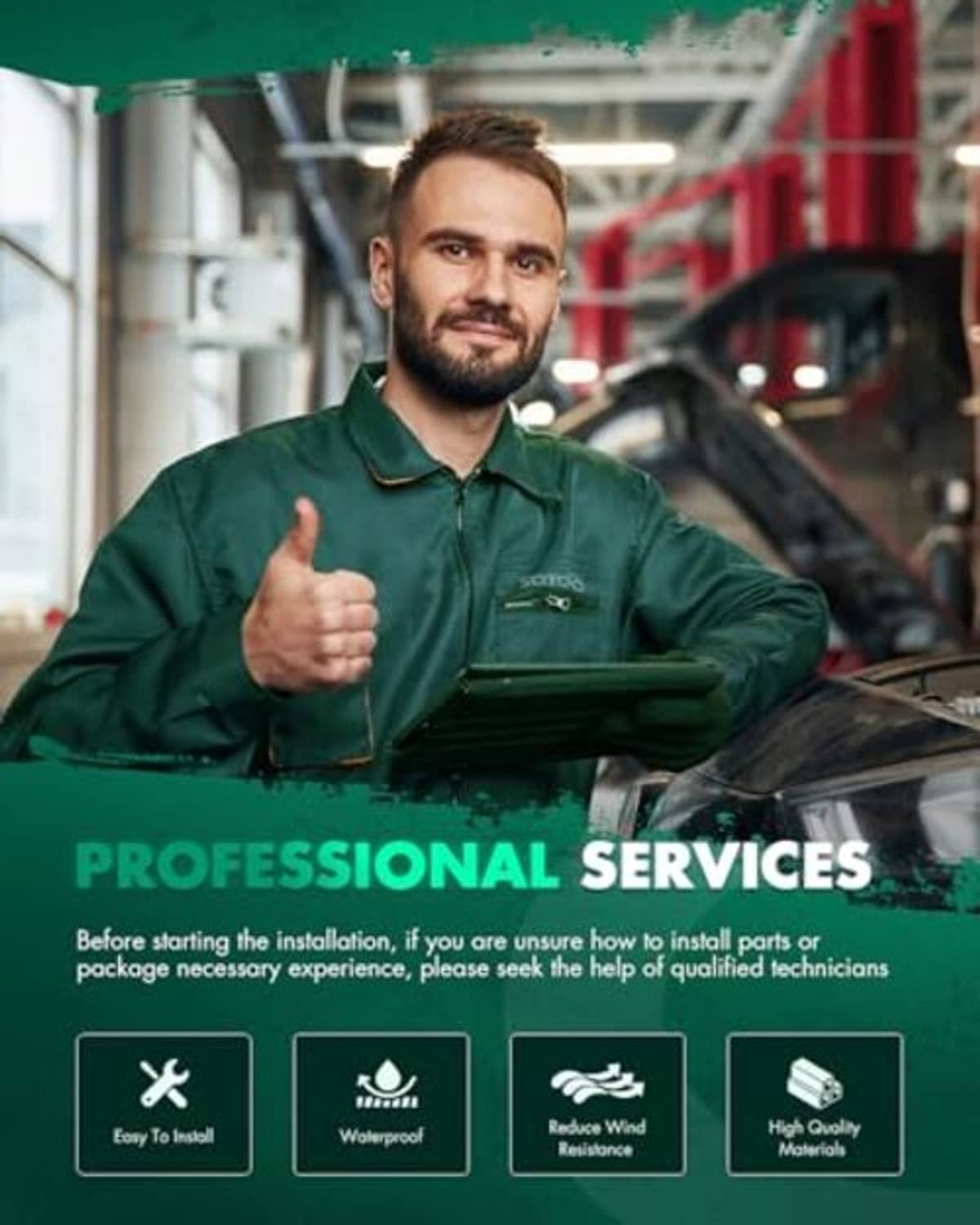 Professional services graphic with technician and car featuring roof spoiler