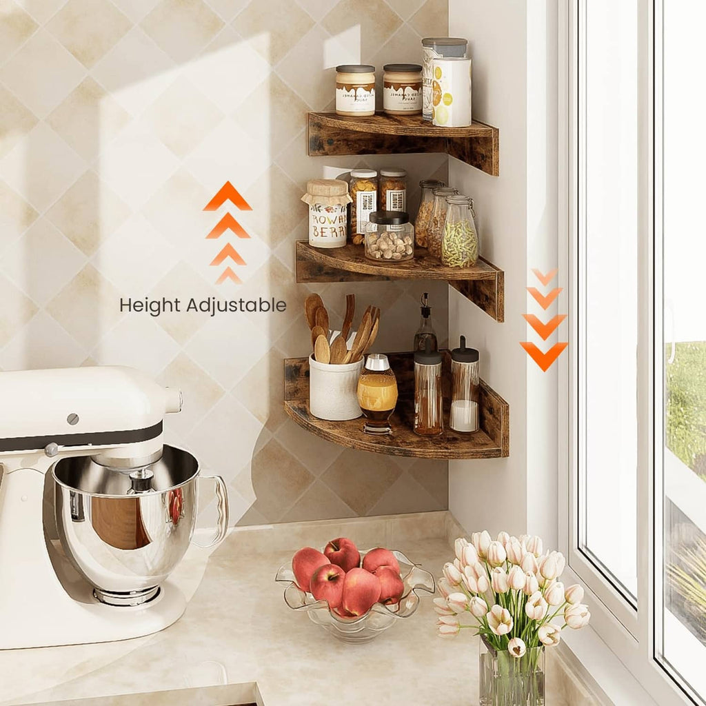 Brown corner floating shelves with staggered tiers and visible mounting points