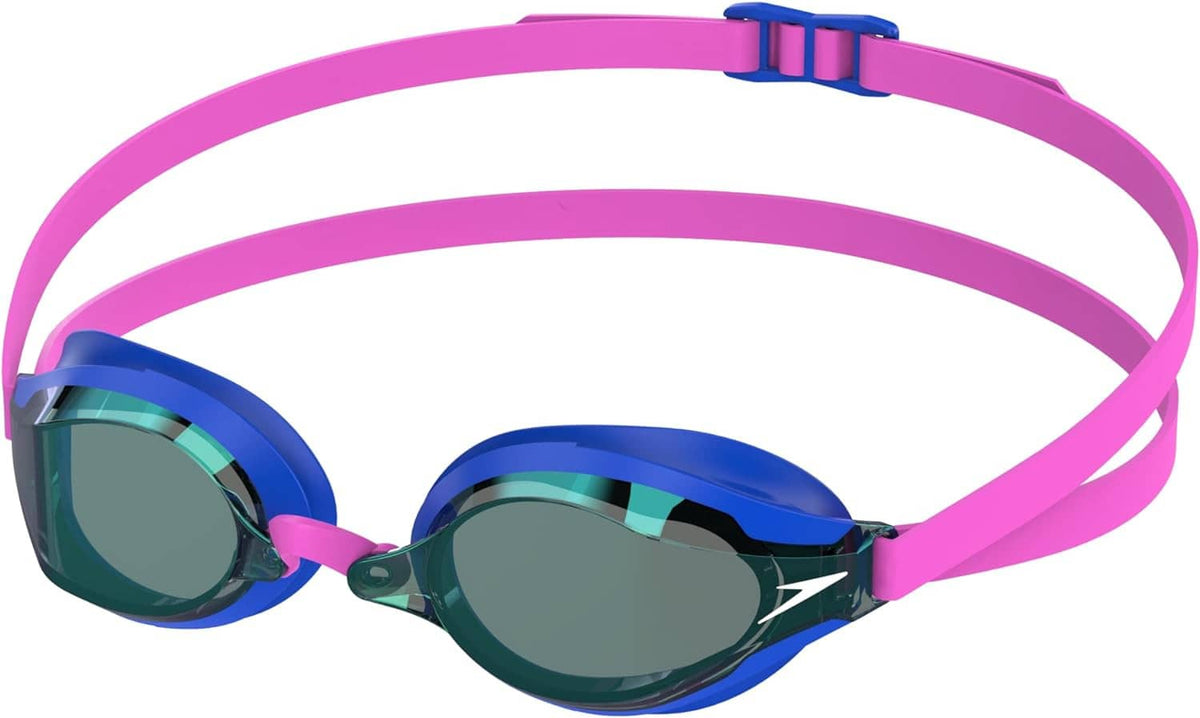 Swim goggles with blue frames, dark mirrored lenses, and pink adjustable head strap