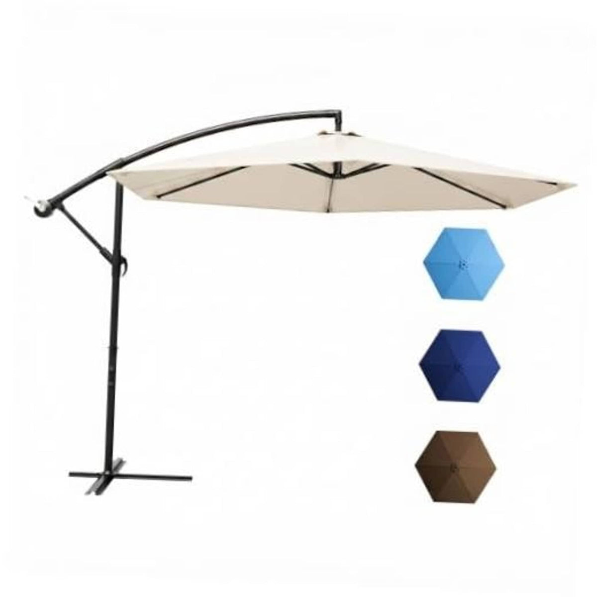 Beige offset patio umbrella with dark frame and open canopy