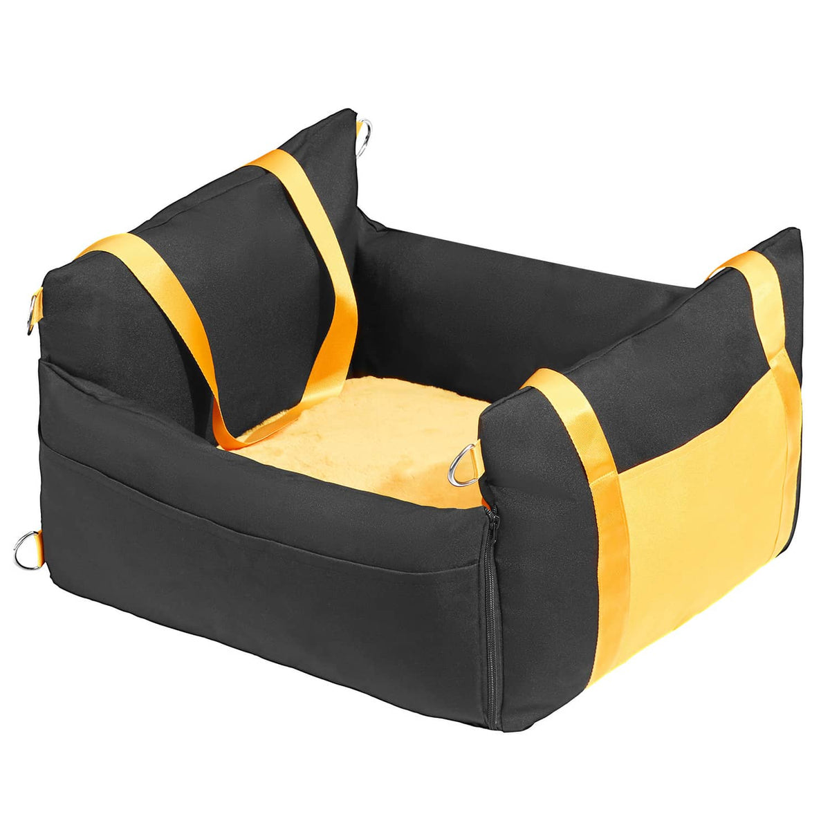 Dog booster car seat, black with yellow side bolsters and cushioned insert