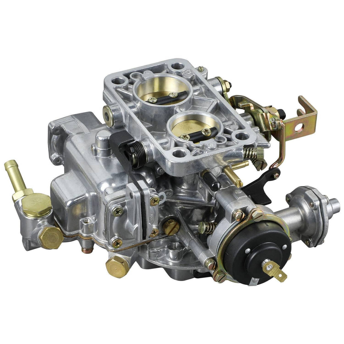 Two-barrel carburetor close-up with air horn, brass jets, and black vacuum housing.