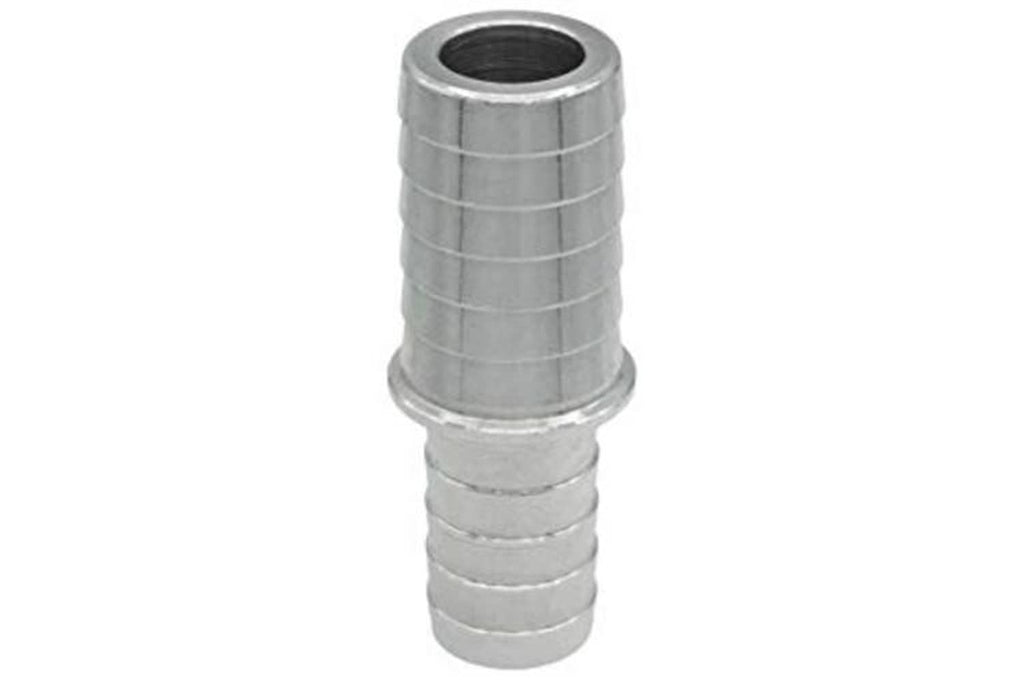 Metal hose barb reducer splice coupler, 5/8 to 1/2 inch, upright ribbed fitting with inlet