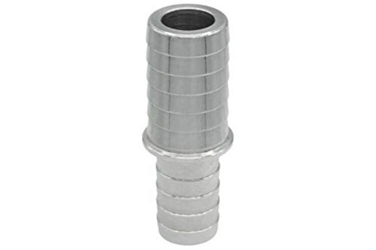 Metal hose barb reducer splice coupler, 5/8 to 1/2 inch, upright ribbed fitting with inlet