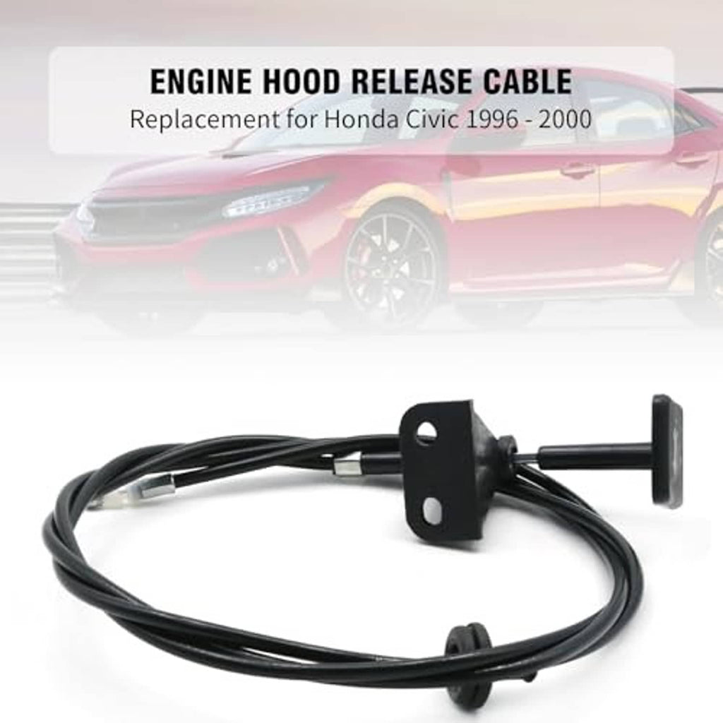Black engine hood release cable with bracket plate and pull handle on white background