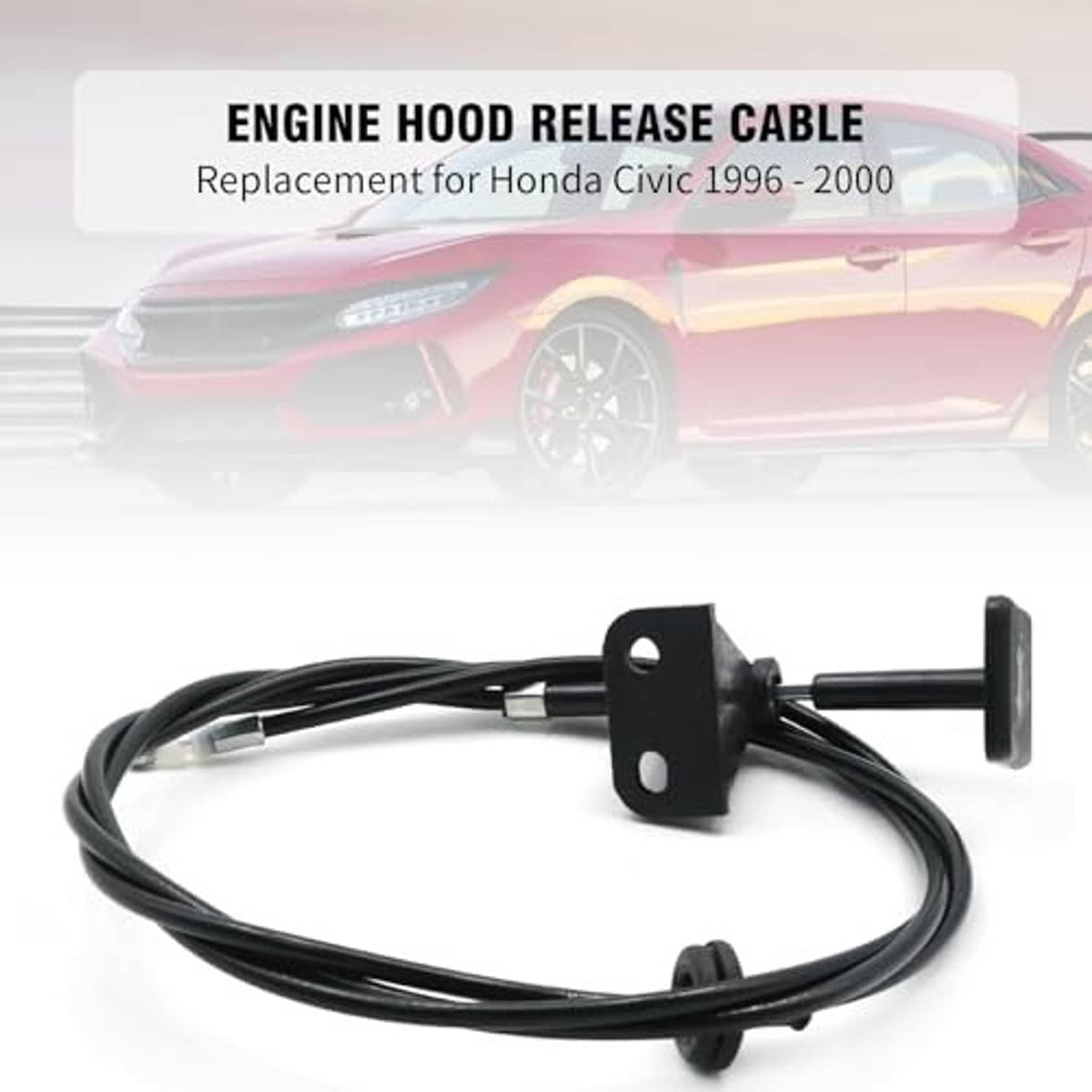 Black engine hood release cable with bracket plate and pull handle on white background