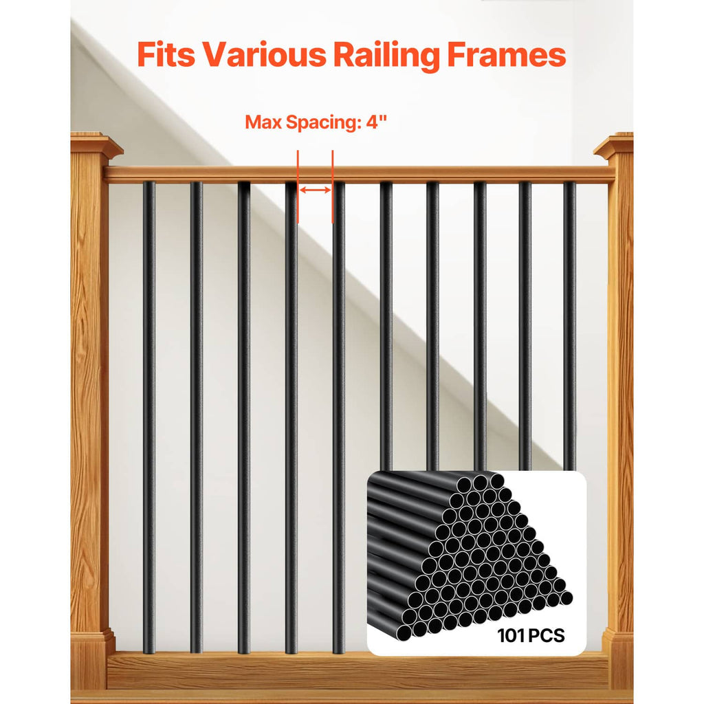 Baluster pack shown on a railing frame with multiple matte black round vertical bars.