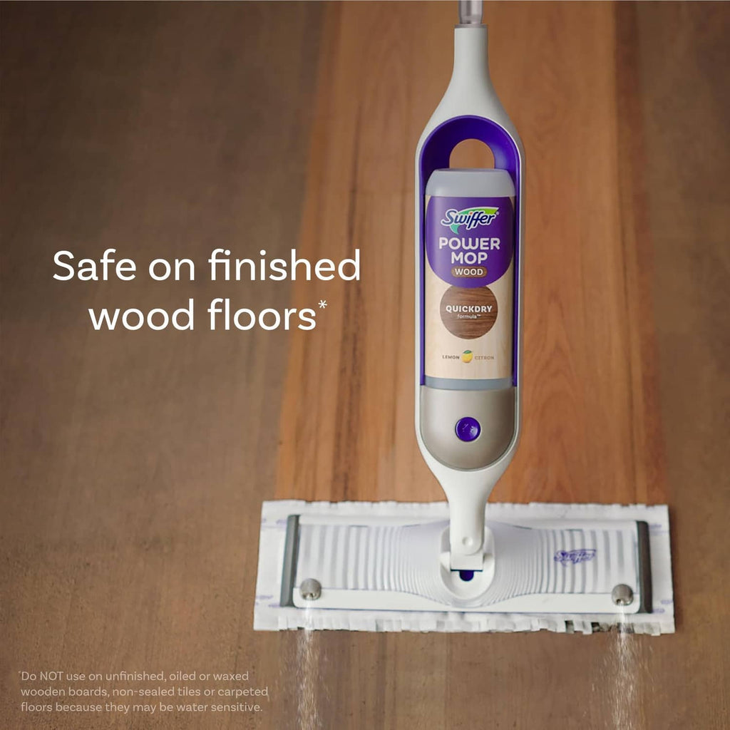 Swiffer Power Mop Wood QuickDry cleaner bottle mounted on mop handle