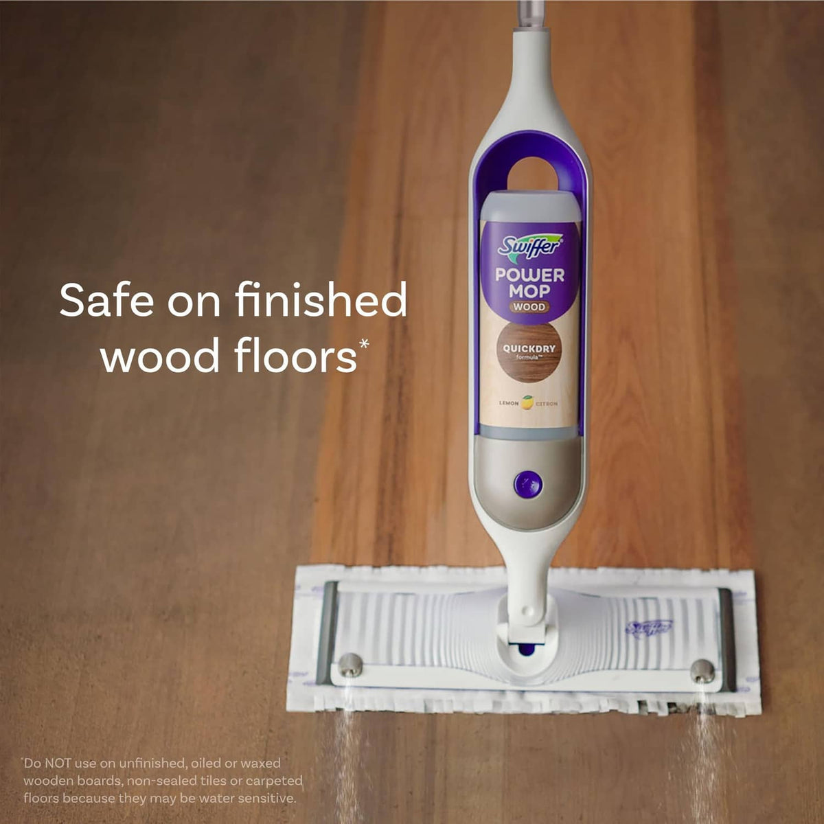 Swiffer Power Mop Wood QuickDry cleaner bottle mounted on mop handle