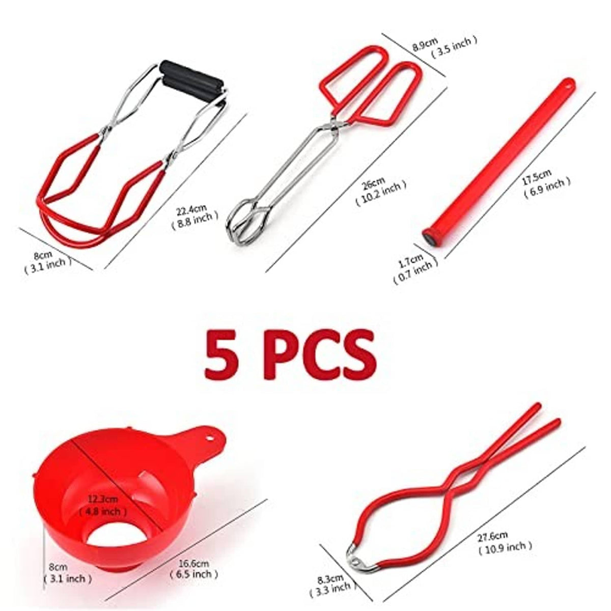 5-piece canning tool set with red handles, jar tongs, and funnel pieces