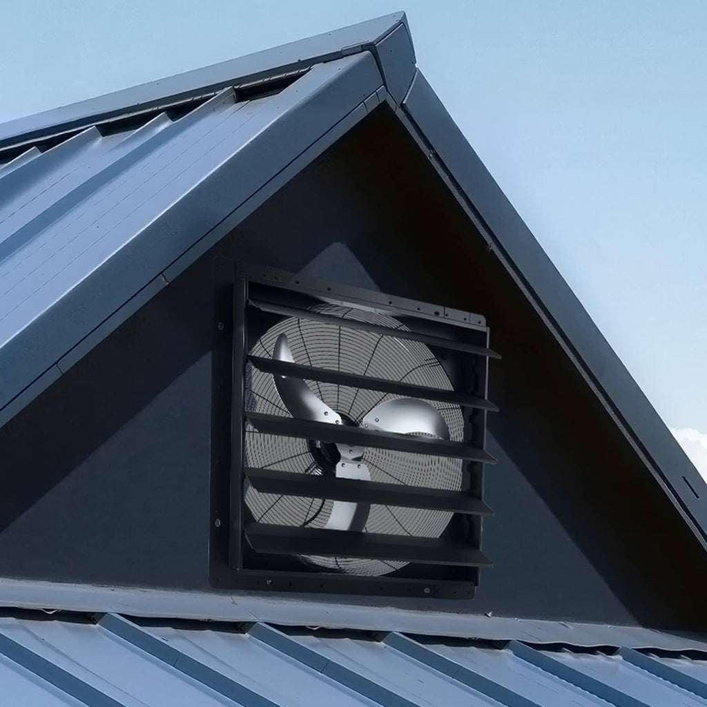 Wall-mount shutter exhaust fan installed in an exterior soffit opening