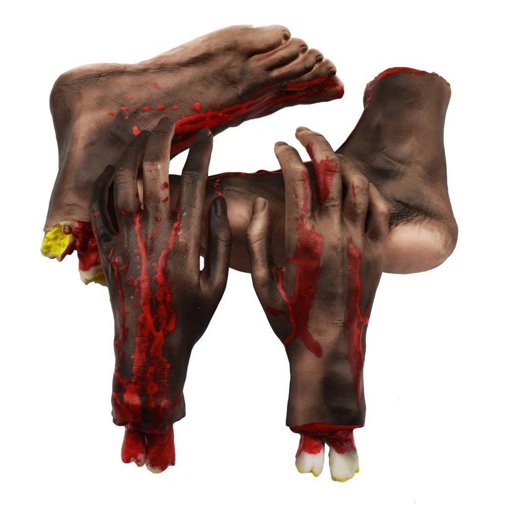 Set of severed hands and feet props, gray-brown limbs with red blood splatter and yellow tips