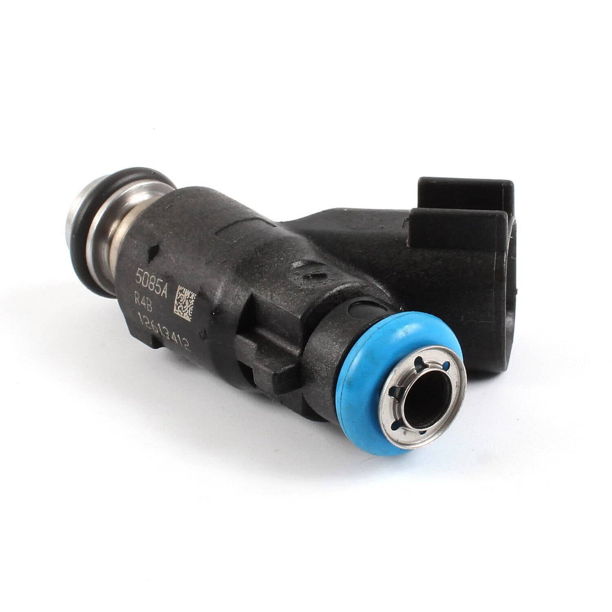 Black fuel injector with blue connector ring and circular terminal on metal nozzle