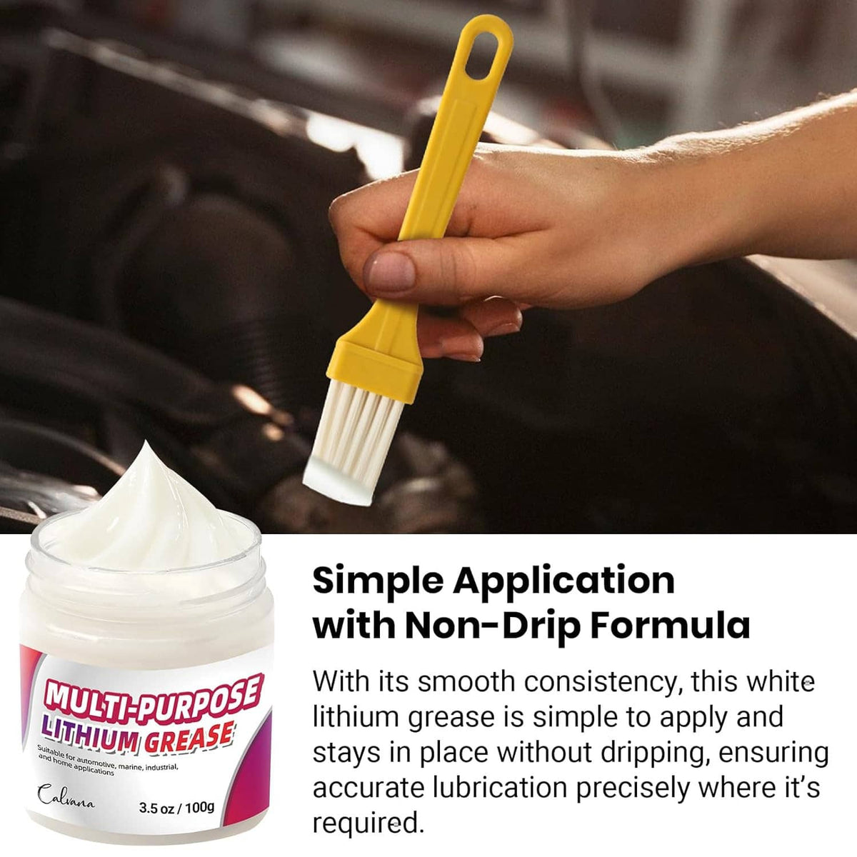 White lithium grease jar and yellow brush applicator with non-drip dispensing