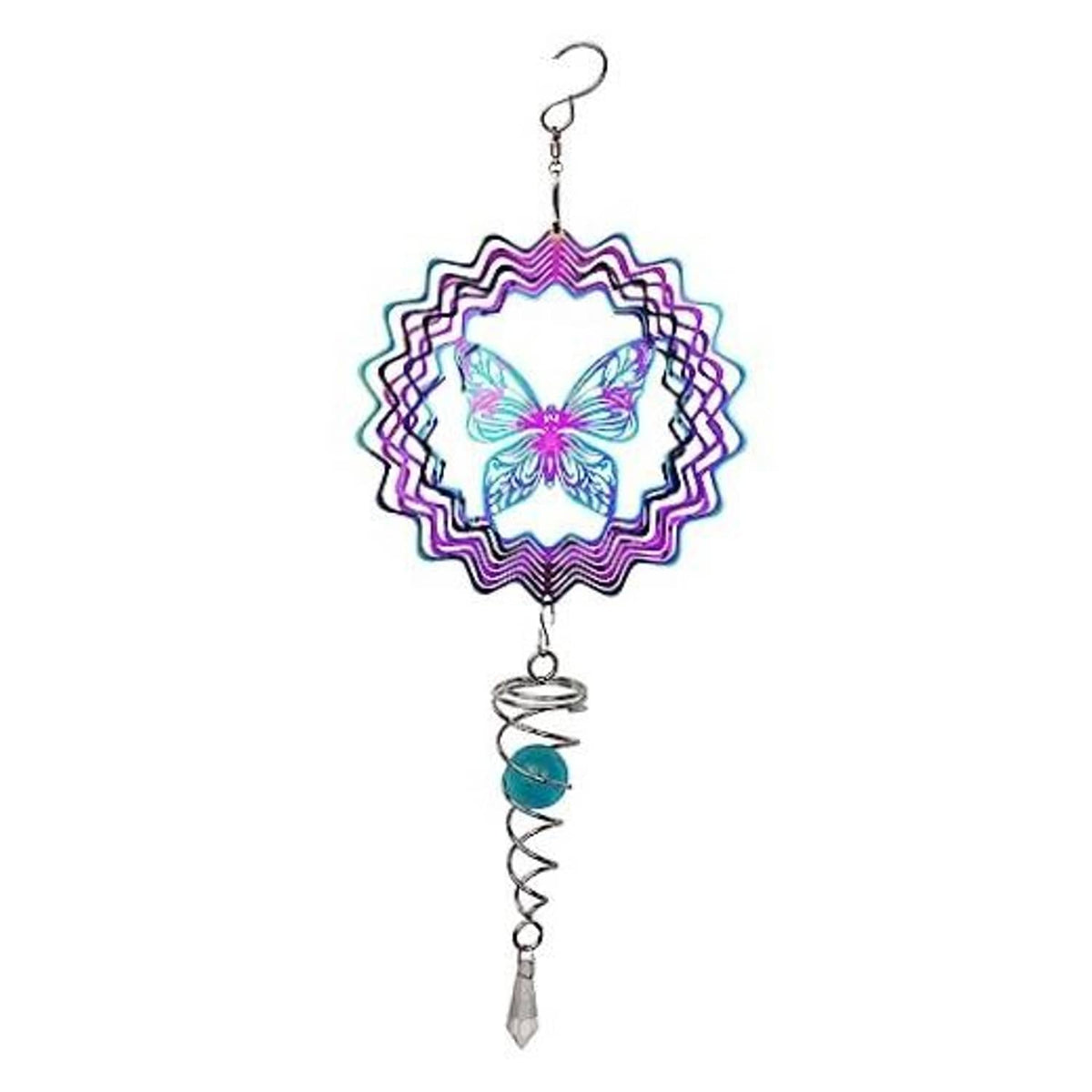 Butterfly wind spinner with ruffled circular frame, blue orb spiral tail, hanging hook
