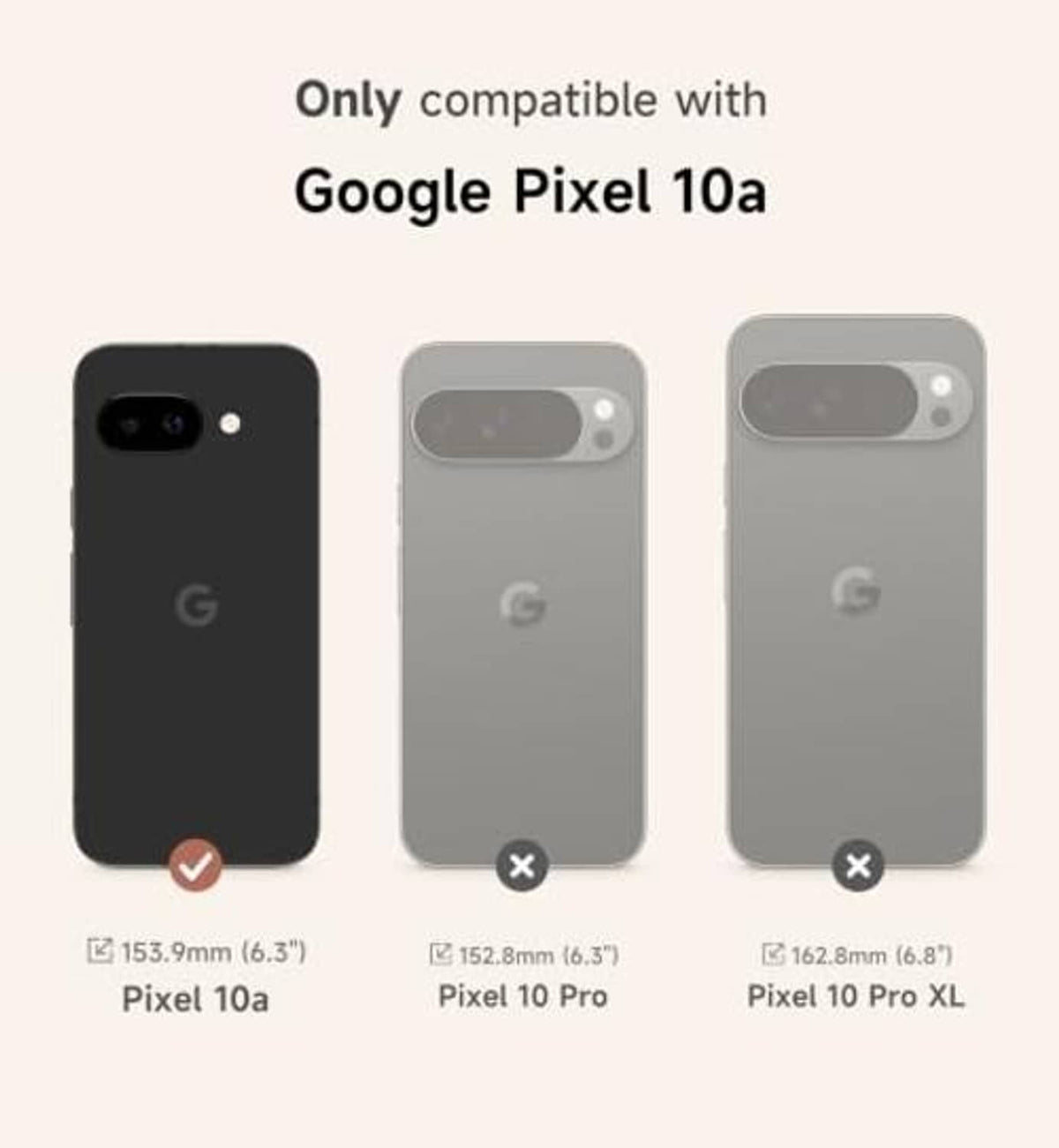 Phone case compatibility diagram showing fit for Google Pixel 10a