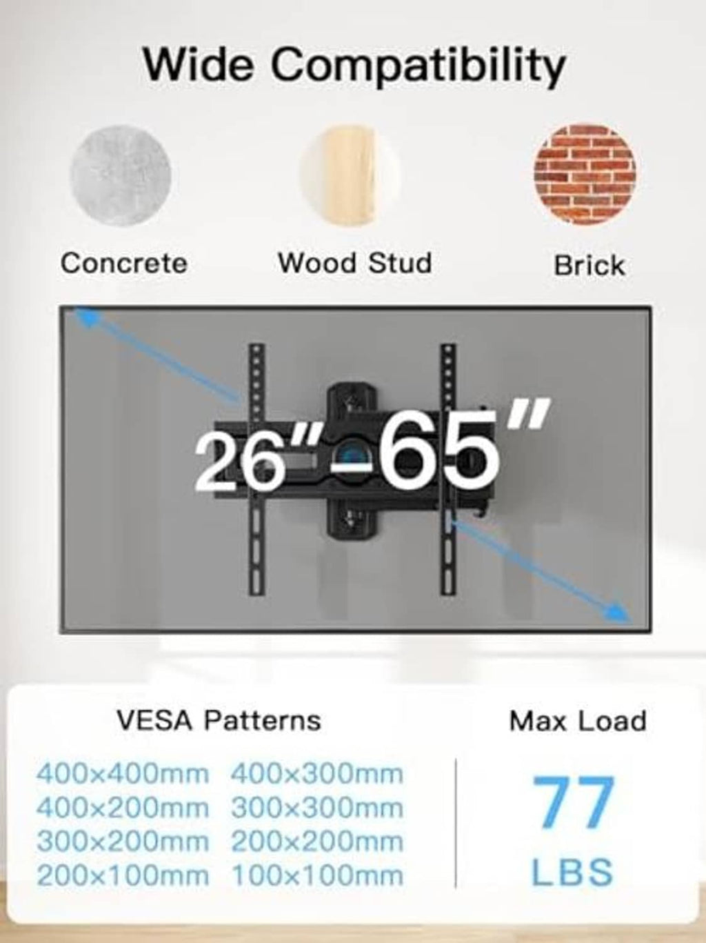 Black TV wall mount compatible with 26–65 in TVs and common VESA patterns