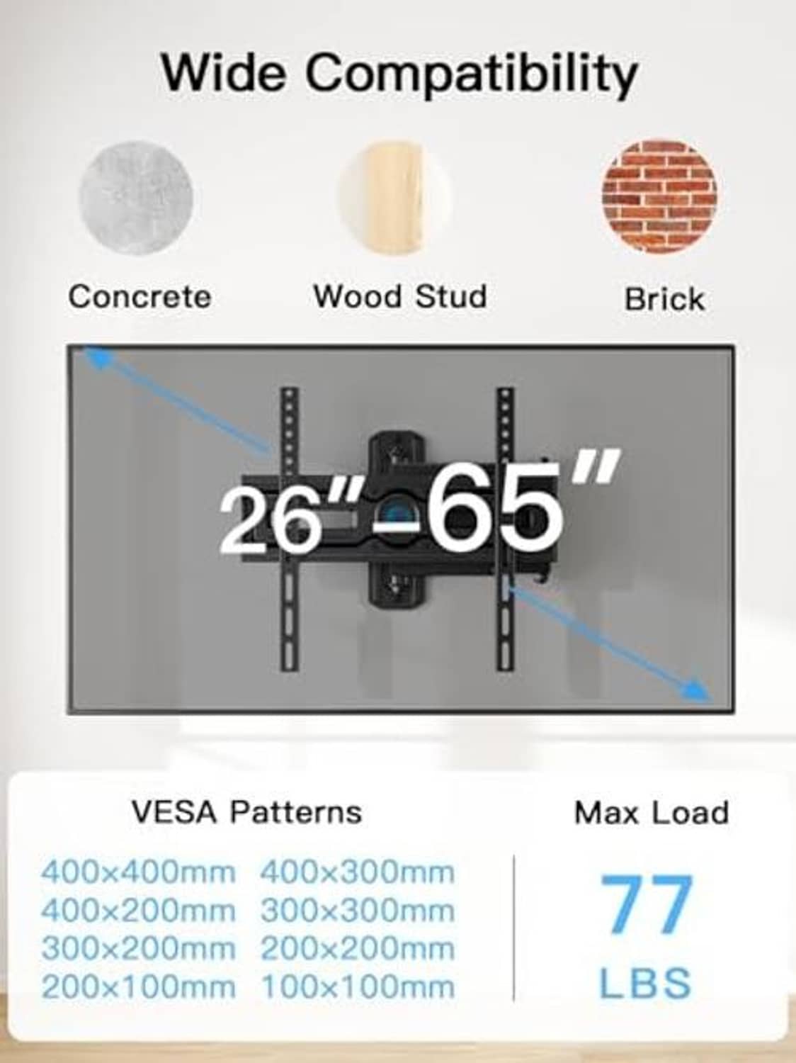 Black TV wall mount compatible with 26–65 in TVs and common VESA patterns
