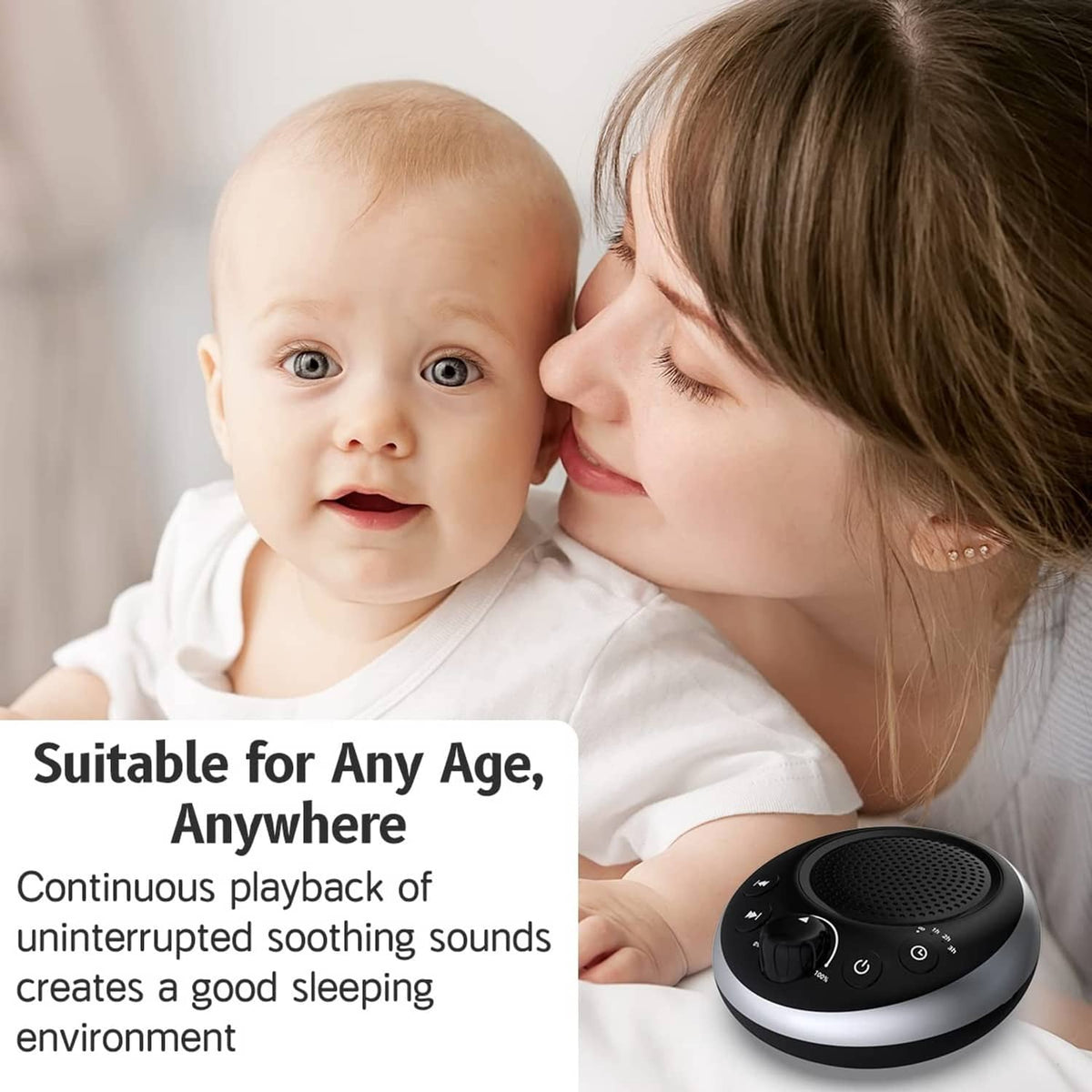 Compact white noise machine with speaker grille and dial controls, black and silver base