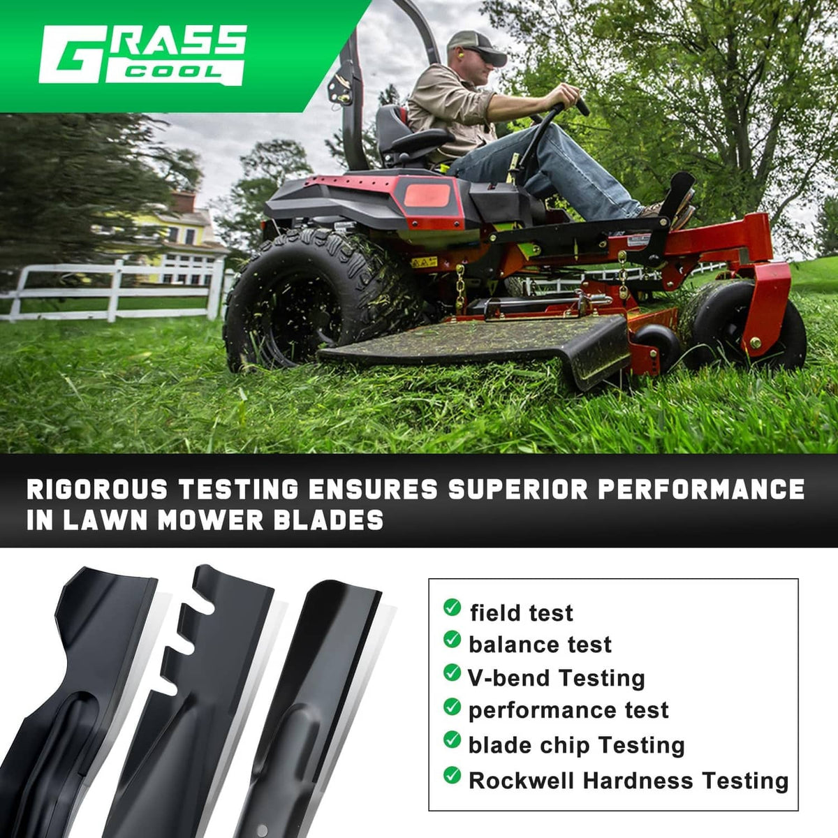 Lawn mower blade testing scene with riding mower cutting deck