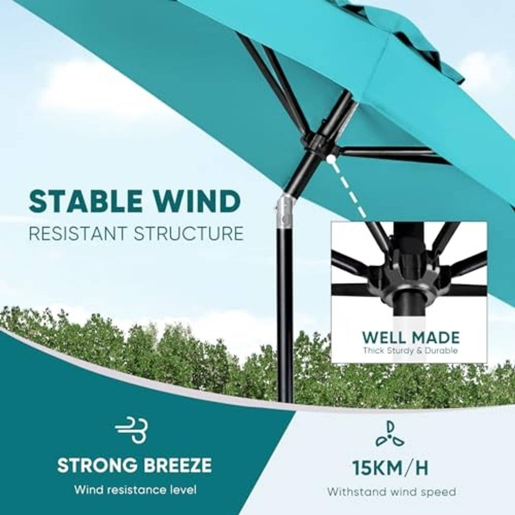 Turquoise patio umbrella with cross-braced base and stable wind-resistant structure
