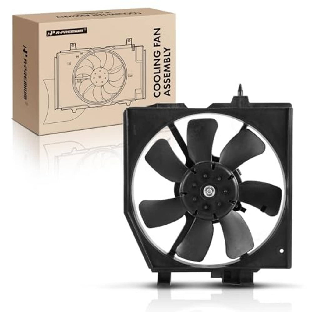 Radiator cooling fan assembly, black fan blades with circular hub in square shroud
