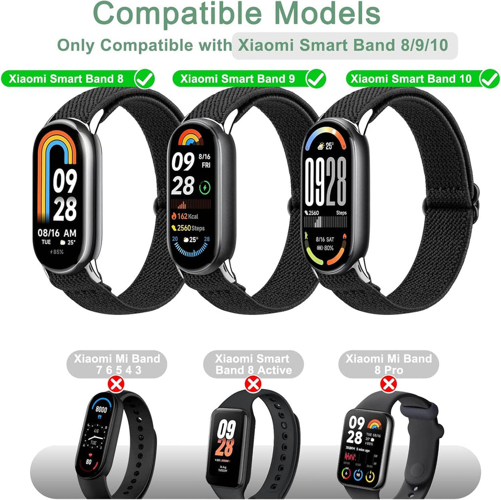 Three smartwatch bands with black fabric straps, showing watch faces