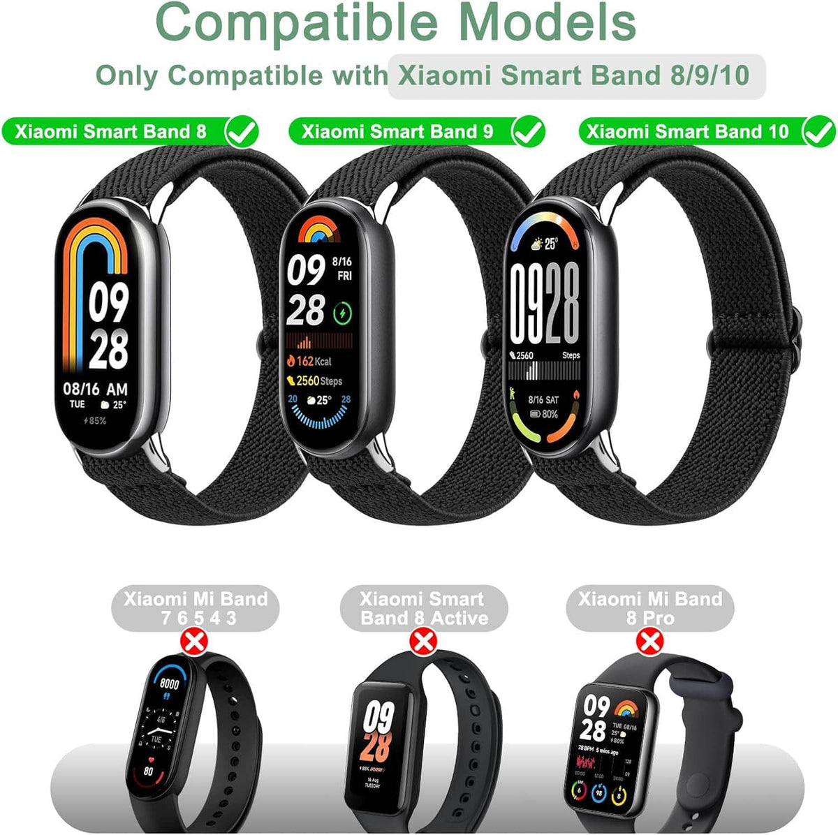 Three smartwatch bands with black fabric straps, showing watch faces