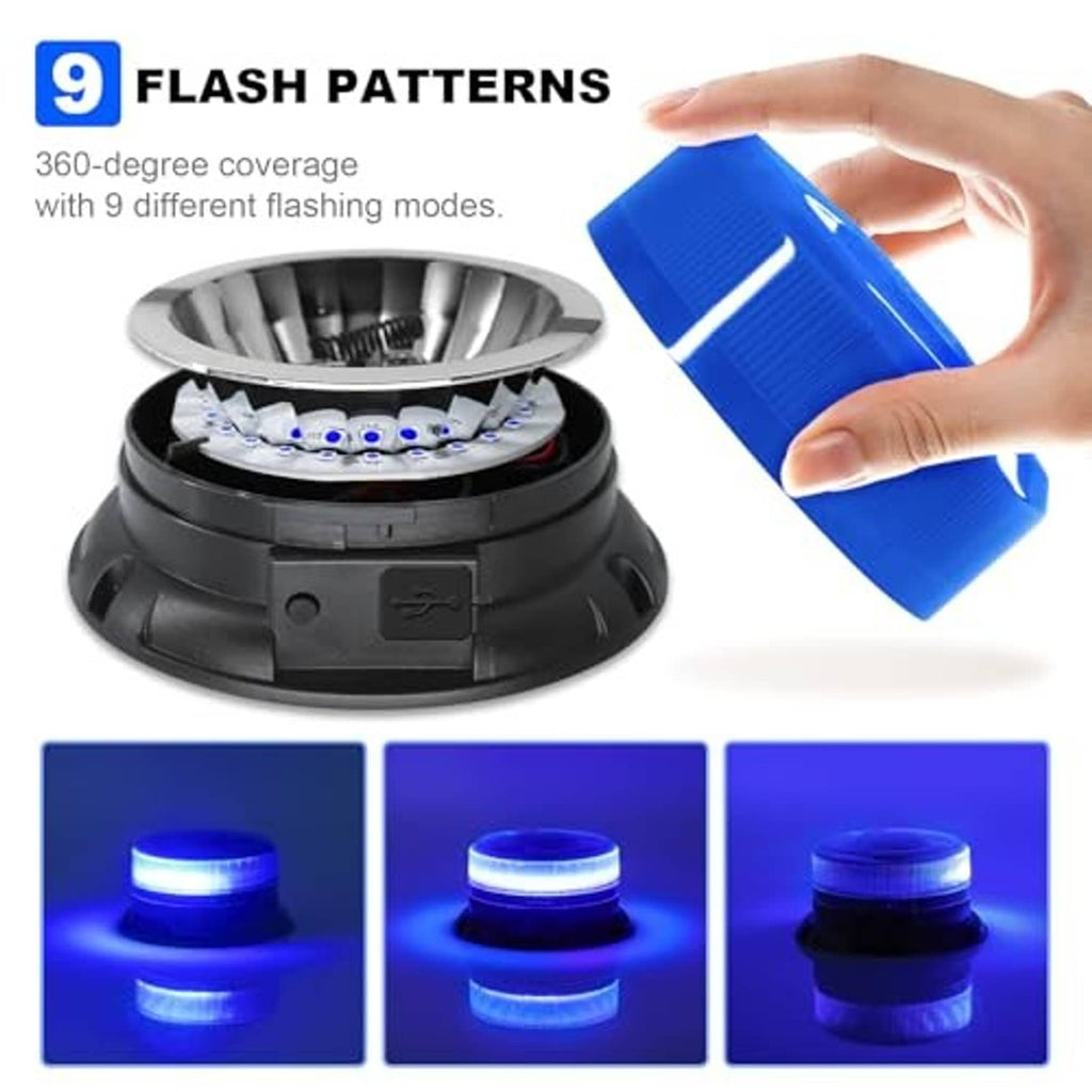 Blue beacon light with multiple flash patterns, shown glowing in three examples