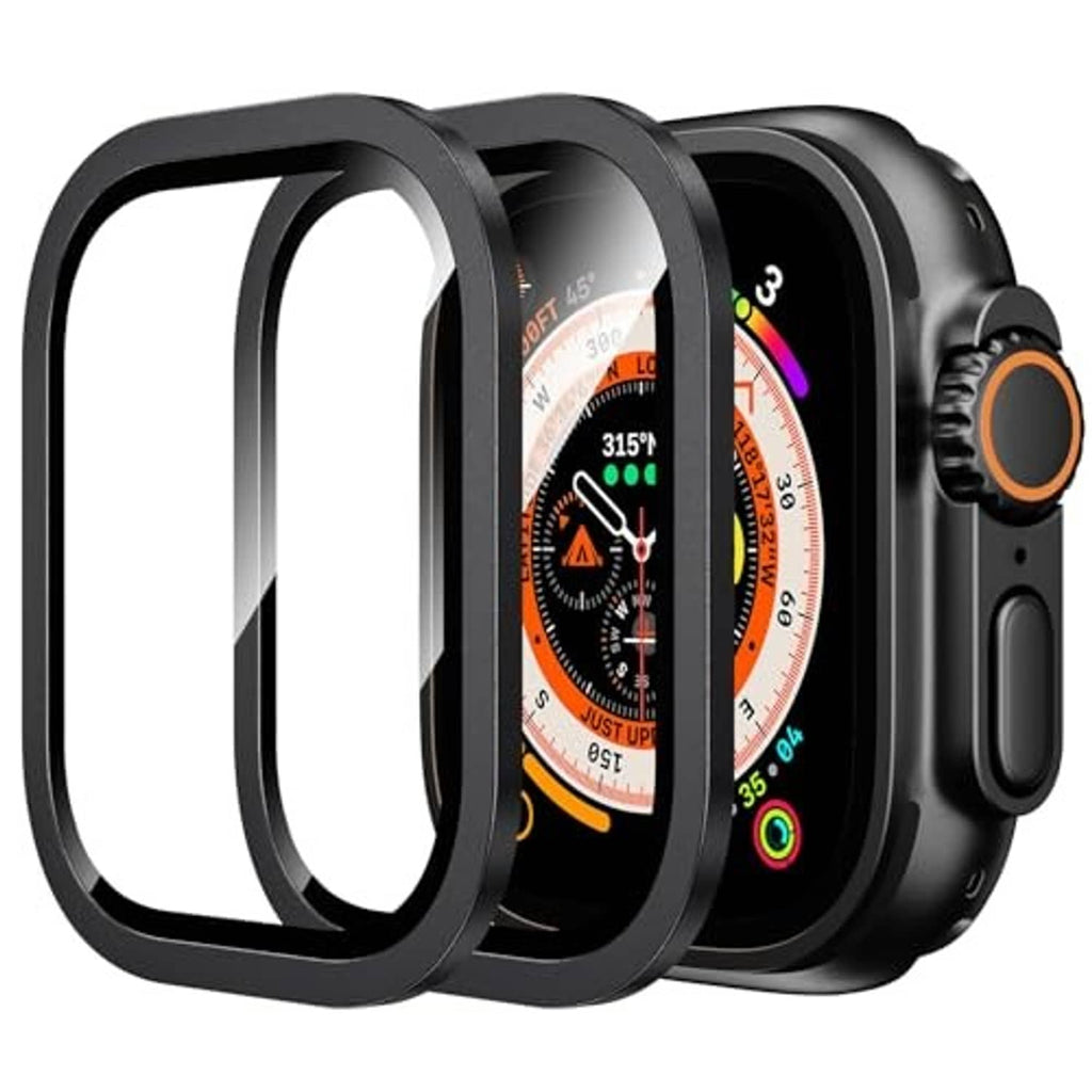 Black rugged Apple Watch Ultra case with clear front cover and orange side button