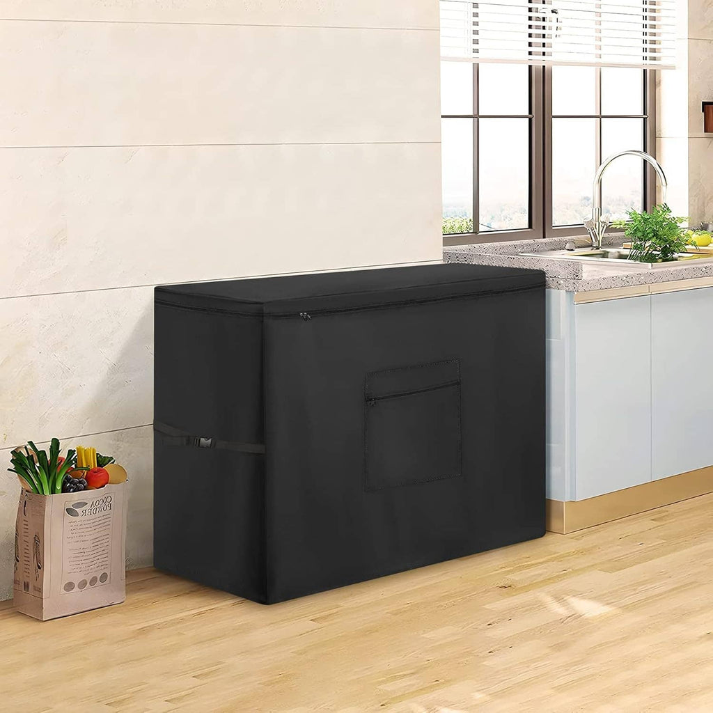 Black chest freezer cover with front pocket and zip closure, with side strap.