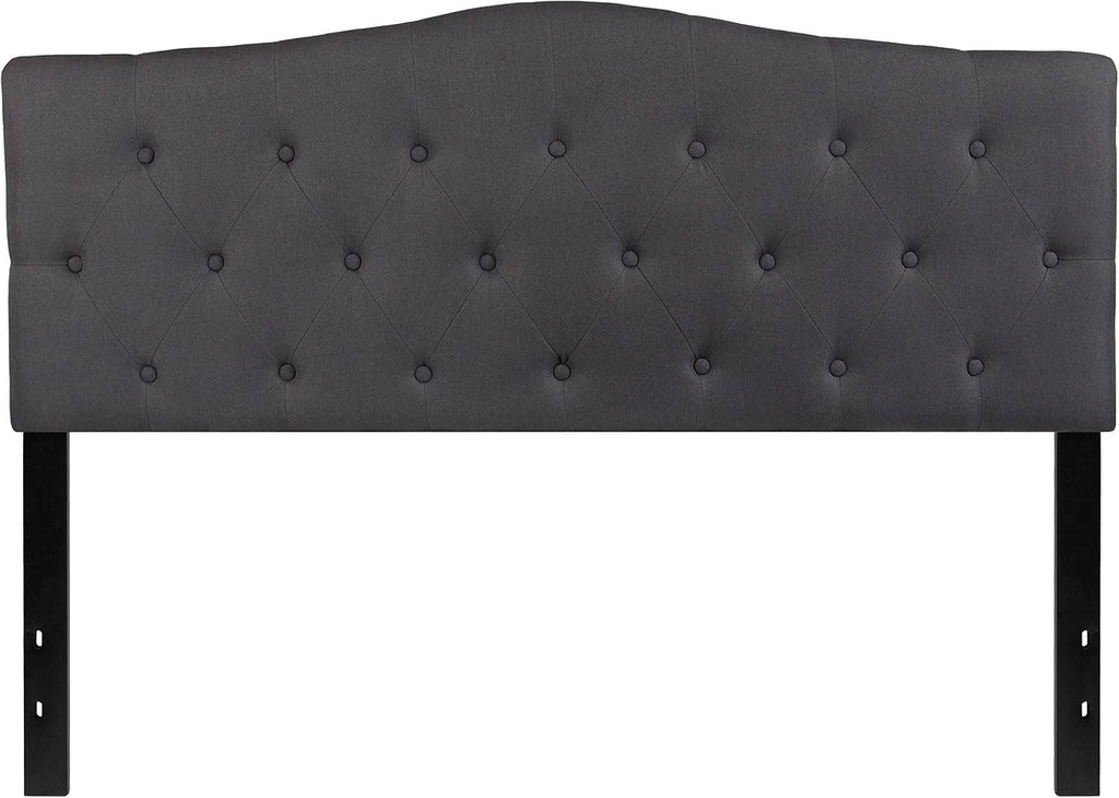 Dark gray queen tufted fabric headboard with button tufts and arched top