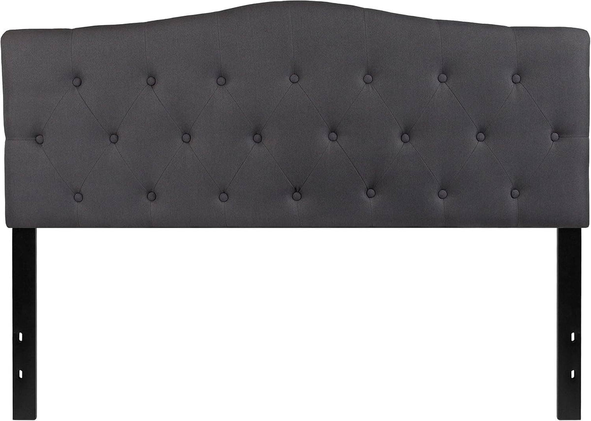 Dark gray queen tufted fabric headboard with button tufts and arched top